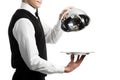 Hands of waiter with cloche lid Royalty Free Stock Photo