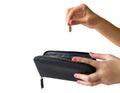 Hand with a black wallet on a white background Royalty Free Stock Photo