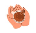 Hands with warm drink spiced with cinnamon sticks in cup. Holding mug with spicy aromatic holiday seasonal beverage