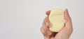 Hands washing guesture with bar soap on white background