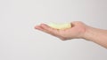 Hands washing guesture with bar soap on white background
