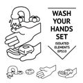 Hands washing manochrome vector healthy covid illustration elements set. Wash your hands, hand drawn. black and white Royalty Free Stock Photo