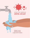 Hands washing under water tap and stop the spread with 2019 ncov virus text vector design