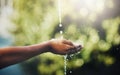 Hands, water splash and cleaning in nature outdoor for hygiene, health and wellness for hydration on mockup. Aqua, hand Royalty Free Stock Photo