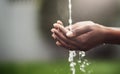 Hands, water splash and sustainability with hygiene for environment, health and eco friendly on cleanness. Ecology Royalty Free Stock Photo