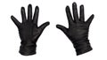 Hands wearing black leather gloves with all fingers and thumb raised in a wave, stop, or hi-five gesture