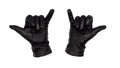 Hands wearing black leather gloves make the shaka, dude, or surfer gesture, palms up