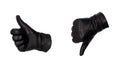 Hands wearing black leather gloves make the thumbs up and down  gesture, view from front and back.  Approval or disapproval Royalty Free Stock Photo