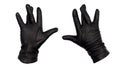 Hands wearing black leather gloves with middle and ring fingers crossed, all other fingers extended. View from front and back