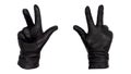 Hands wearing black leather gloves with thumb, index, and middle fingers raised, view from front and back. Female hand isolated