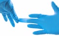 Hands wearing blue medical latex gloves Protection against flu, virus and coronavirus. Health care and surgical concept. Correct