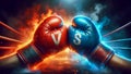 Hands wearing boxing gloves clash with the letters VS. The background is stunning