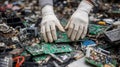 Hands wearing gloves sorting through electronic waste with circuit boards and components scattered Royalty Free Stock Photo