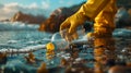 Hands wearing yellow gloves cleaning the ocean by picking up a plastic bottle during a beach cleanup.