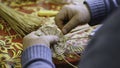 Hands weaving the bottom of a straw basket. ART. A man weaves a round part of straw and twigs with his hands. Crafts are Royalty Free Stock Photo