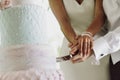 hands of a wedding couple cutting a cake at their wedding