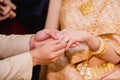 hands of a wedding couple, Groom put a ring on finger of his lovely wife, wedding ceremony