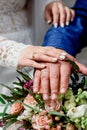 Hands with wedding gold rings happy newlyweds on a the bouquet background. Royalty Free Stock Photo