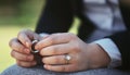 Hands, wedding ring and divorce with depression, grief or loss with life crisis and mistake. Regret, sad and marriage Royalty Free Stock Photo