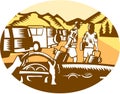 Hands on Wheel Tourist Mountain Oval Woodcut