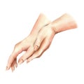 Hands of a white woman, palms side view, wiping, rubbing, hugging each other. Hand drawn watercolor illustration