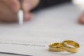Hands of wife, husband signing decree of divorce, dissolution, canceling marriage