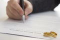 Hands of wife, husband signing decree of divorce, dissolution, canceling marriage, legal separation documents, filing Royalty Free Stock Photo