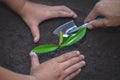 The hands of the woman and child to plant the seedlings in the soil, plant a tree, reduce global warming, World Environment Day Royalty Free Stock Photo