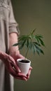 In the hands of a woman close-up of a cannabis sprout growing in a pot for making cannabis oil extract, medical marijuana, THC