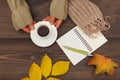 Hands of woman with a cup of espresso and scarf at wooden table with notebook and pen and autumn leaves Royalty Free Stock Photo