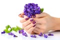 Hands of a woman with dark manicure on nails and bouquet of violets on a white background Royalty Free Stock Photo