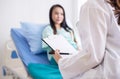 Hands woman doctor reassuring her female patient in hospital room,Doctor giving a consultation and encouragement to patient, Royalty Free Stock Photo