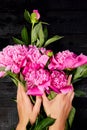 Hands of woman florist holding beautiful bouquet of peonies Royalty Free Stock Photo