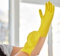 Hands, woman and gloves for cleaning home, hygiene and wellness. Cleaning service, spring cleaning and female ready to Royalty Free Stock Photo