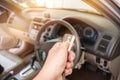 Hands woman holding push remote control car for test system, transportation safety insurrance concept. Remote control is Royalty Free Stock Photo