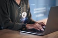 Hands, woman on laptop and hologram for login, cyber security software or code. IT, typing and programmer with keyboard Royalty Free Stock Photo