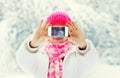 Hands woman makes self portrait on smartphone in winter Royalty Free Stock Photo