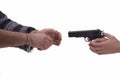 Hands of woman and man with gun and handcuffs Royalty Free Stock Photo