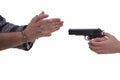 Hands of woman and man with gun and handcuffs Royalty Free Stock Photo