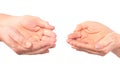 Hands of woman, man show panhandle gesture