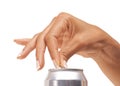 Hands, woman and open metal of cold drink, soda and fizzy cola product in studio on white background. Closeup, silver