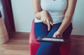 Hands woman pointing photo album at home,Memory time photos