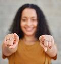 Hands, woman and pointing at you for invitation, selection or choice with join us for voting, hand gesture and Royalty Free Stock Photo