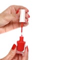 Hands of a woman with red manicure and nail polish bottle on white background Royalty Free Stock Photo