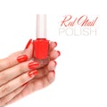 Hands of a woman with red manicure and nail polish bottle on white background Royalty Free Stock Photo