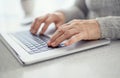 Hands of a woman senior work at a laptop close-up using modern technology in everyday life Royalty Free Stock Photo