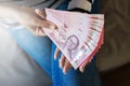 Hands woman show and counting Thai money Royalty Free Stock Photo