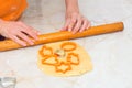 Hands of a woman using a rolling pin and preparing biscuits from dough Royalty Free Stock Photo