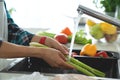 Hands woman washing vegetables. Preparation of fresh salad. Royalty Free Stock Photo