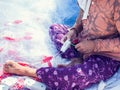 Hands woman weaving fishing nets Royalty Free Stock Photo